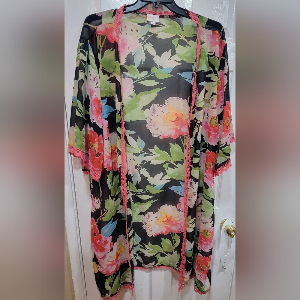 LuLaRoe Sheer Kimono with Pink and Green Floral Design, Size L